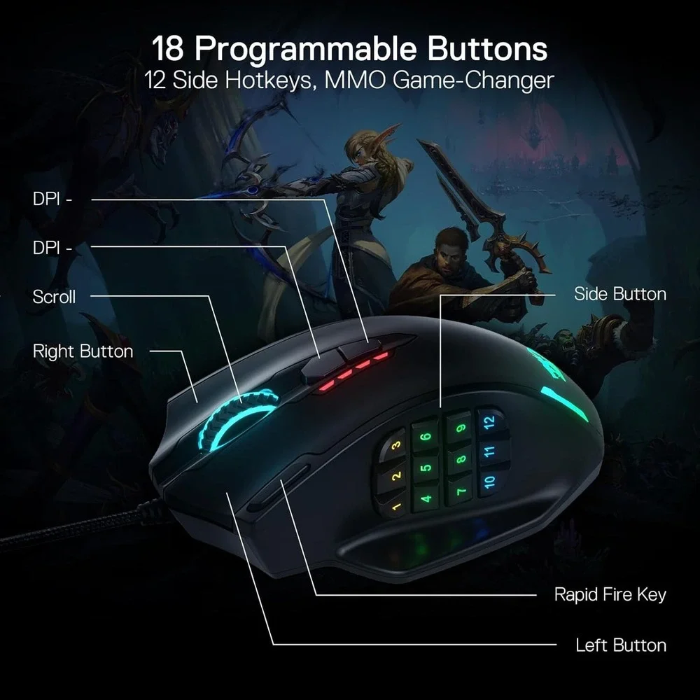 Redragon‎ M908 RGB Wired MMO Gaming Mouse 12400DPI 12-Button Macro USB PC